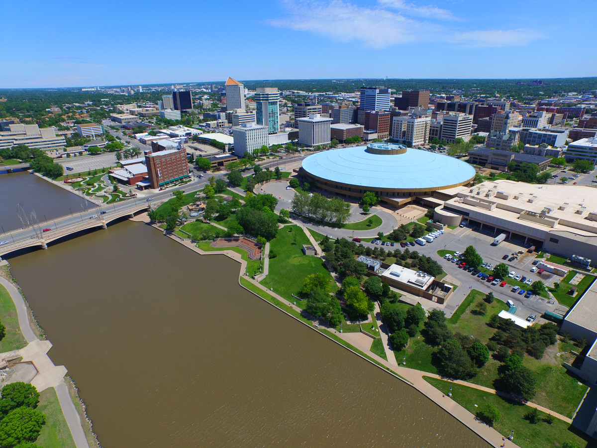 Aerial view of the Wichita, Kansas skyline and riverfront